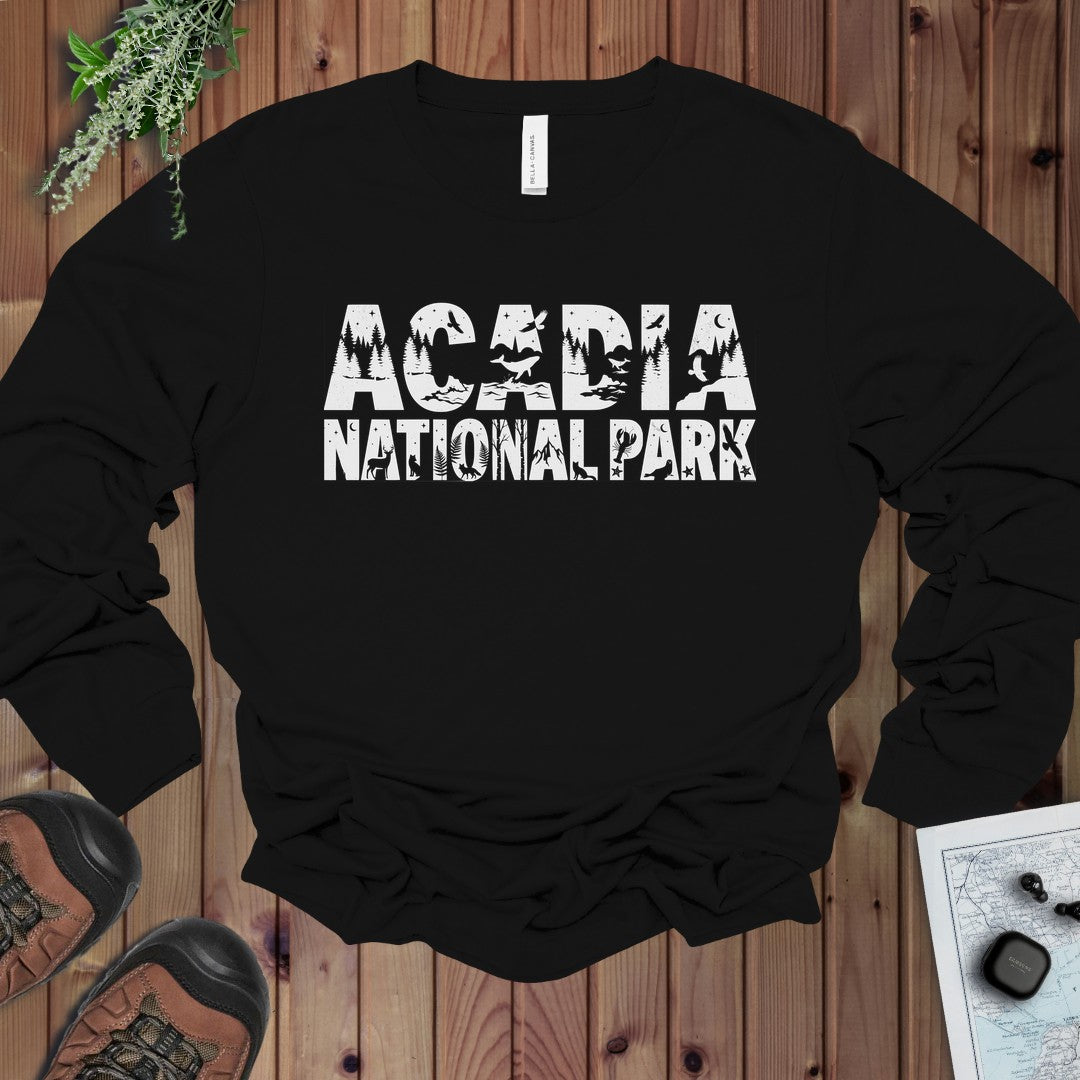 Acadia Lighthouse National Park Topo Long Sleeve T-Shirt in Black