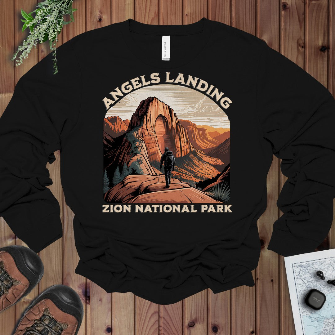 Angels Landing Zion National Park Long Sleeve T-Shirt in Black