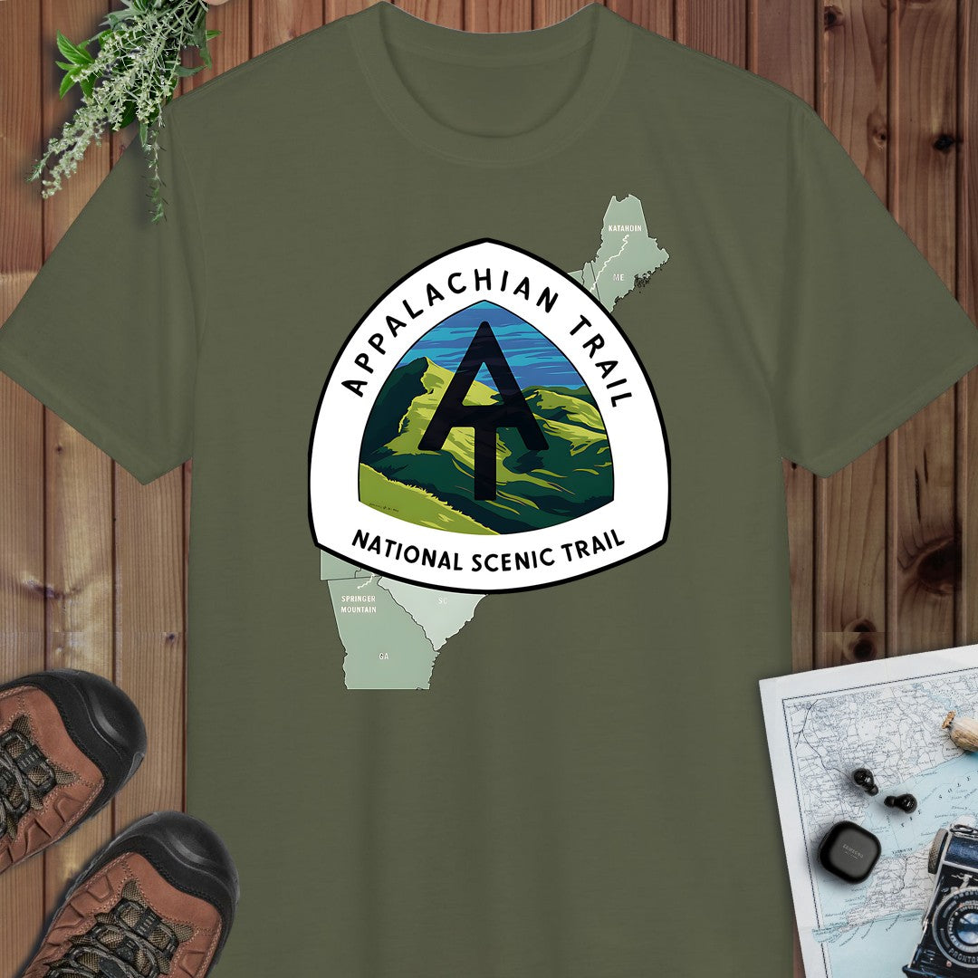 Appalachian Trail Logo Emblem Mountain Camp Hike Performance T-Shirt in Military Green