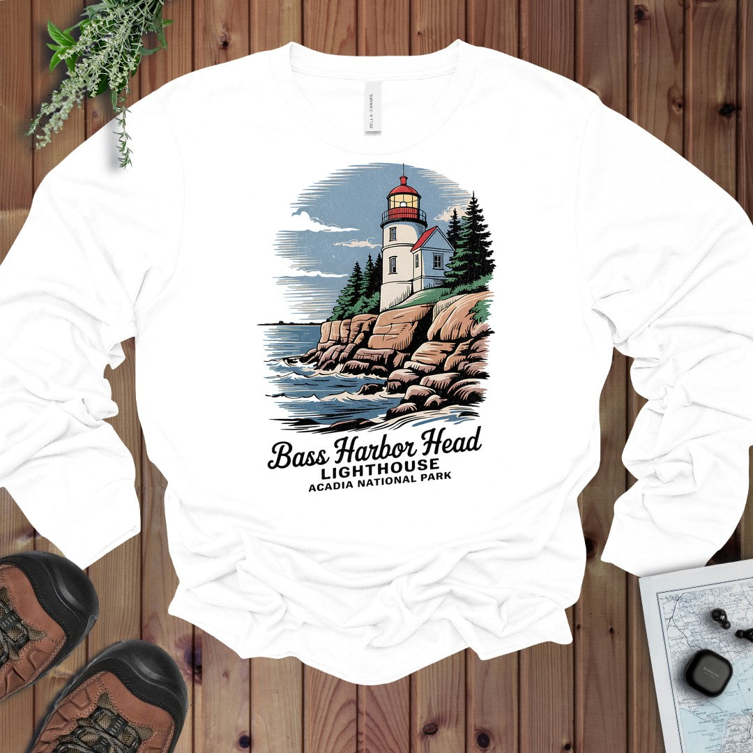 Bass Harbor Head Lighthouse Acadia Long Sleeve T-Shirt in White