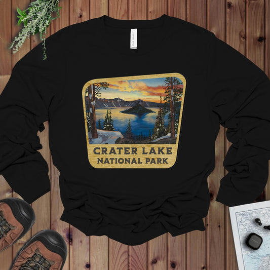 Crater Lake National Park Wood Sign Long Sleeve T-Shirt in Black