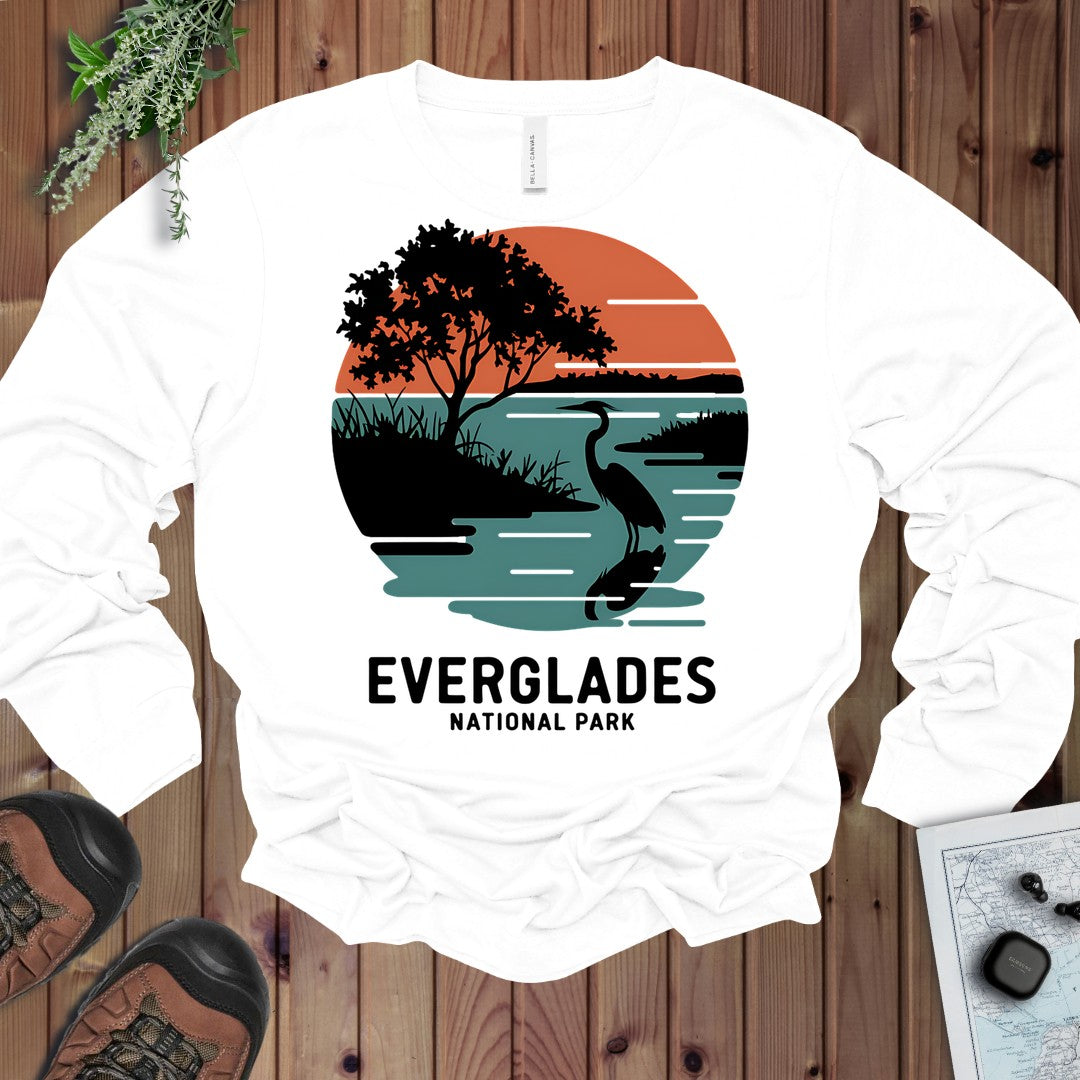 Everglades National Park Logo Retro Sunset Long Sleeve T-Shirt in White