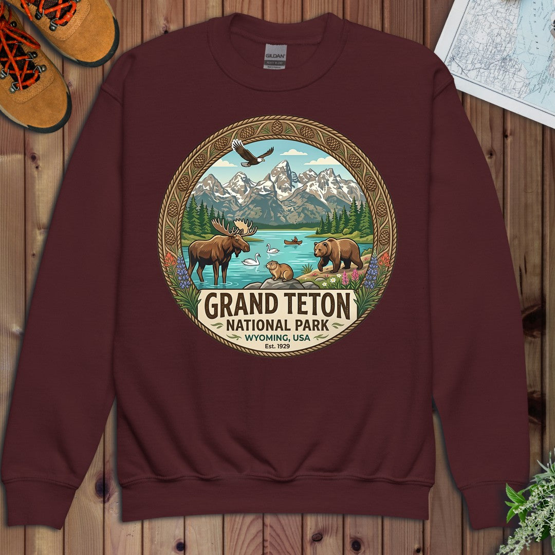 Grand Teton National Park Emblem Graphic Youth Sweatshirt in Maroon