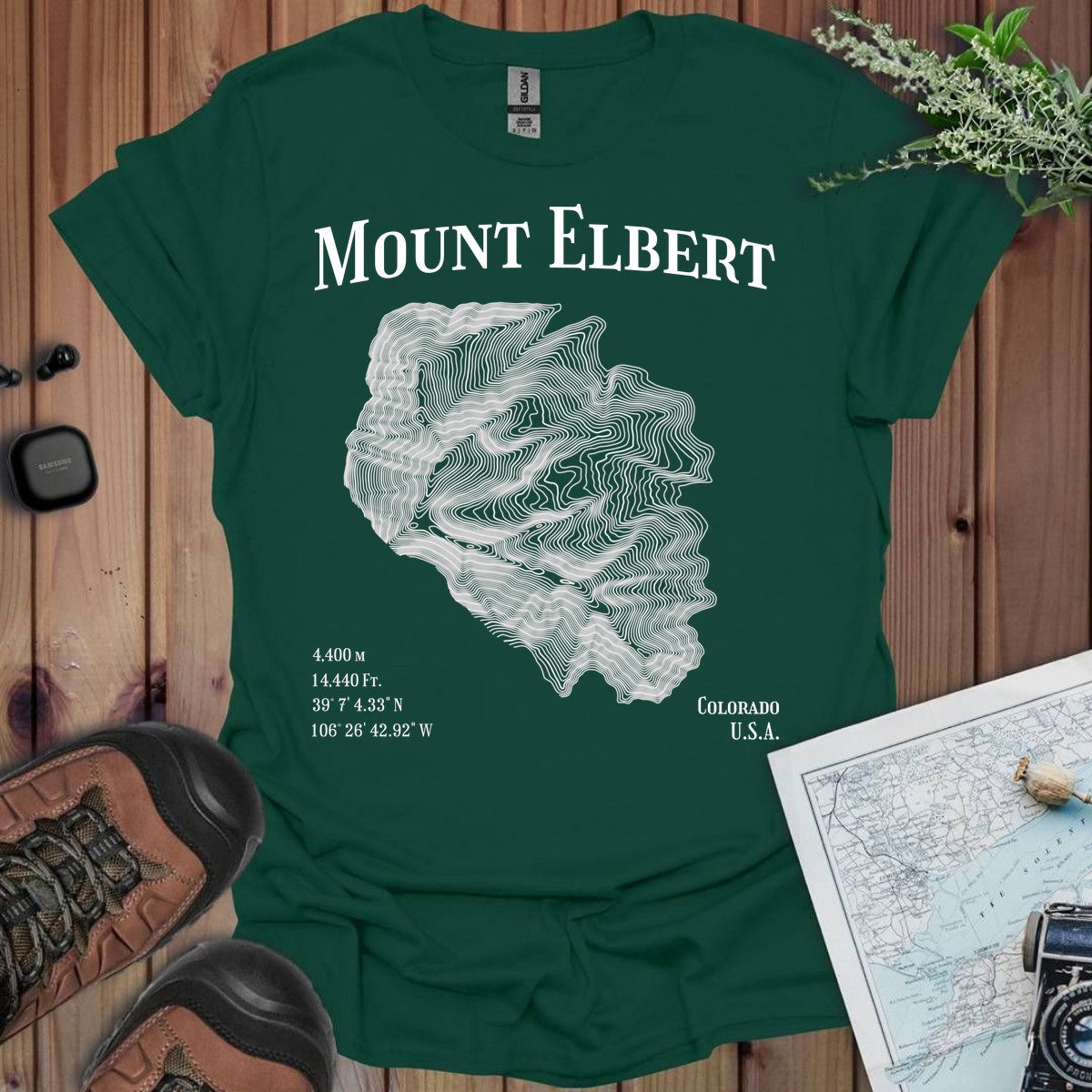 Mount Elbert Topo Lines T-Shirt in Forest Green