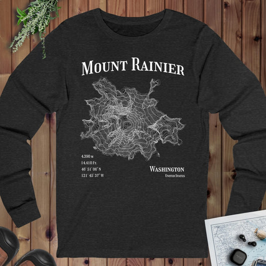 Mount Rainier Mountain Topo Long Sleeve T-Shirt in Dark Grey Heather