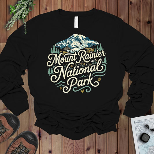 Mount Rainier National Park Curved Long Sleeve T-Shirt in Black