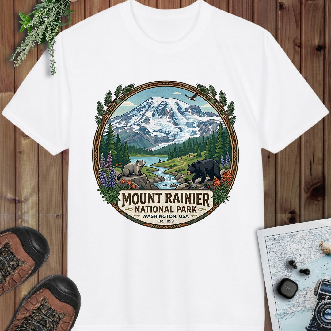 Mount Rainier National Park Emblem Performance T-Shirt in White