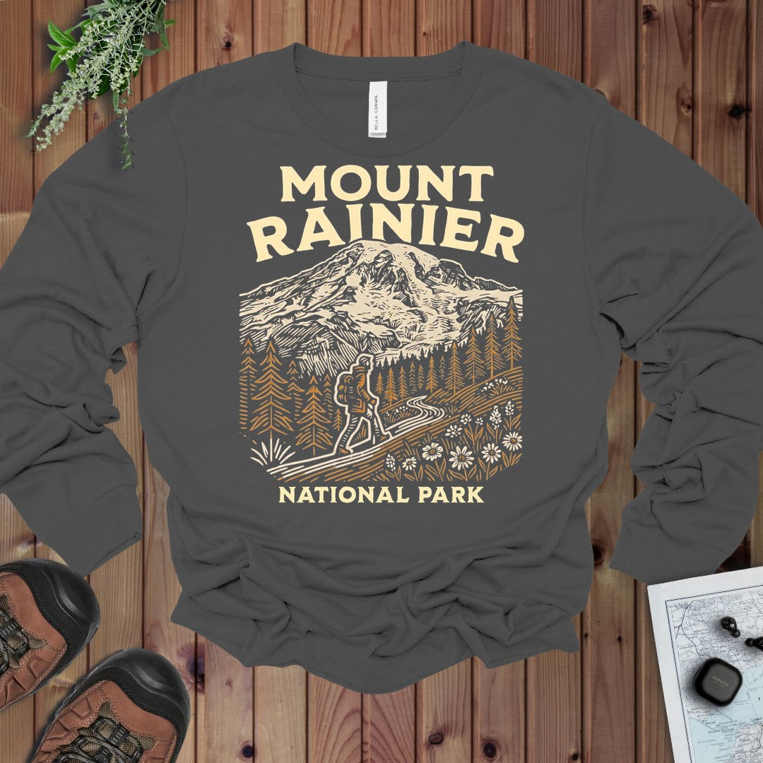 Mount Rainier National Park Hiker Long Sleeve T-Shirt in Asphalt