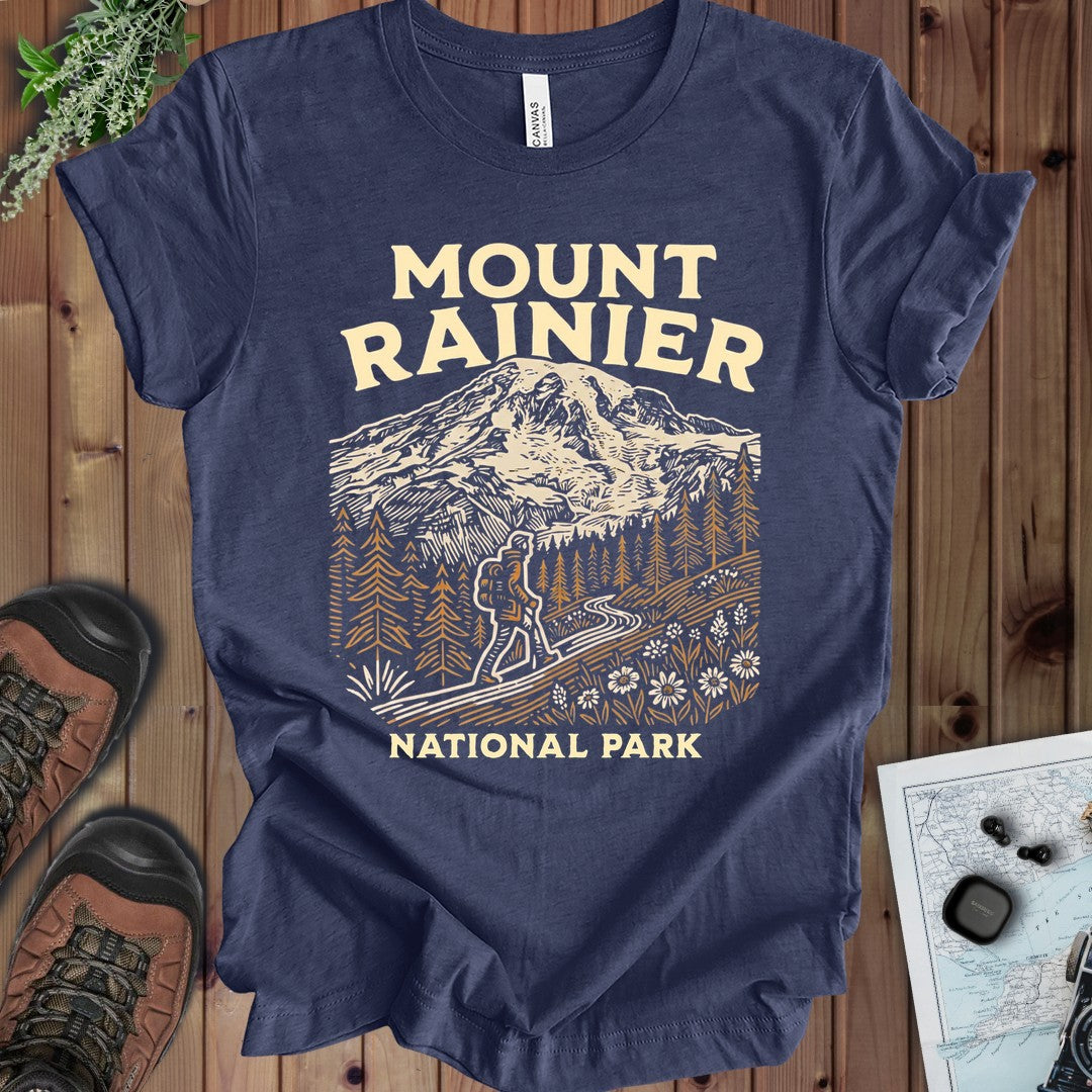 Mount Rainier National Park Hiker Kids Graphic T-Shirt in Heather Navy