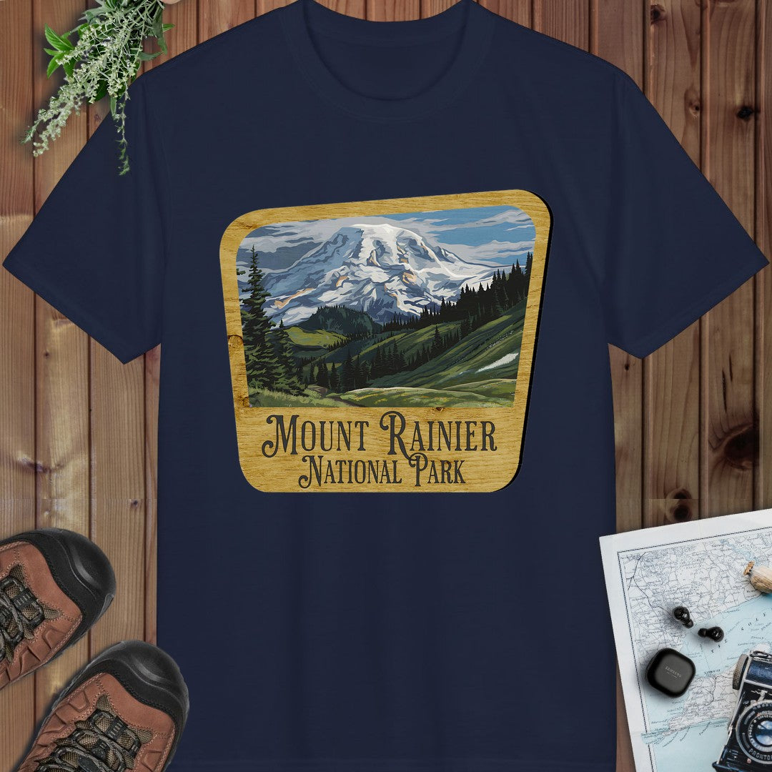 Mount Rainier National Park Wood Sign Performance T-Shirt in Navy
