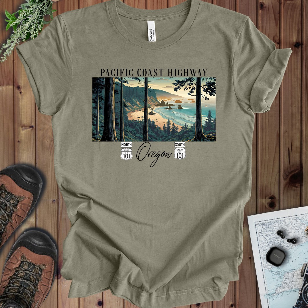 Oregon Coast Highway 101 Pacific Coast Highway Unisex Fit PCH Tee Kids Graphic T-Shirt in Heather Stone