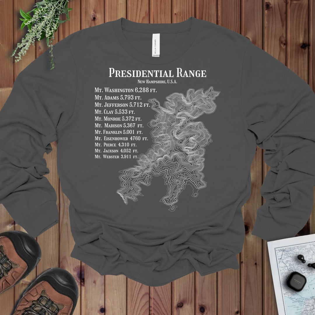 Presidential Range Mount Washington Topo Rings Long Sleeve T-Shirt in Asphalt