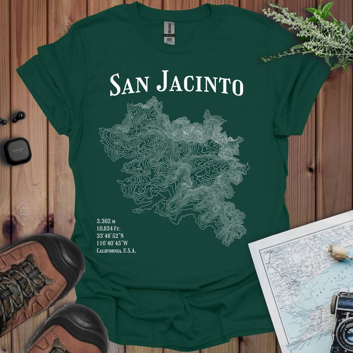 San Jacinto Peak Topo Lines T-Shirt in Forest Green