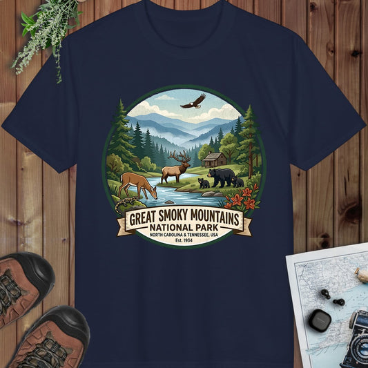 Smoky Mountain National Park Emblem Performance T-Shirt in Navy