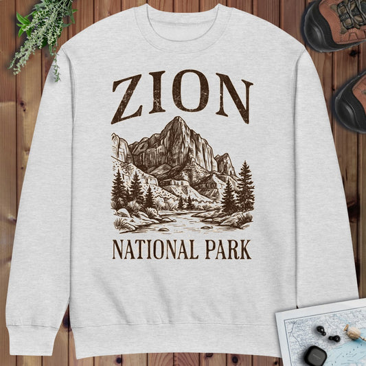 Zion National Park Rustic Crewneck Sweatshirt in Heather Grey