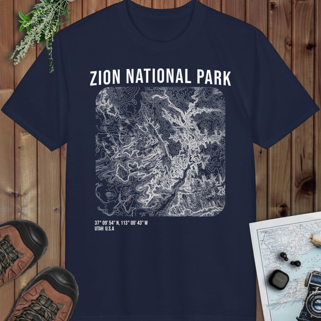 Zion National Park Topo Lines Performance T-Shirt in Navy