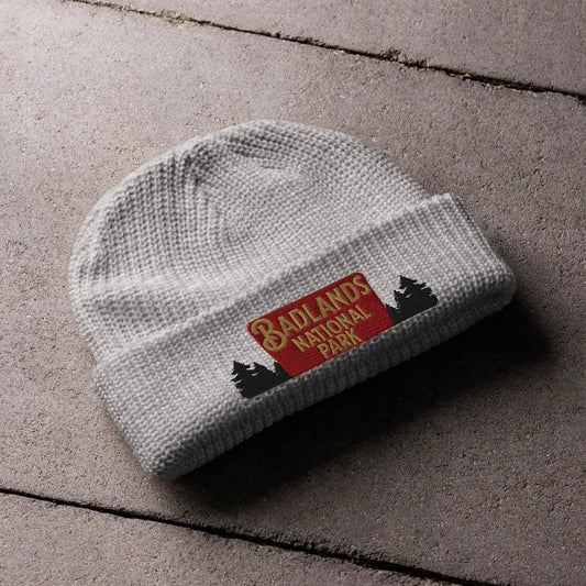 Badlands National Park embroidered wharf fisherman style beanie shown in lifestyle or modeled setting