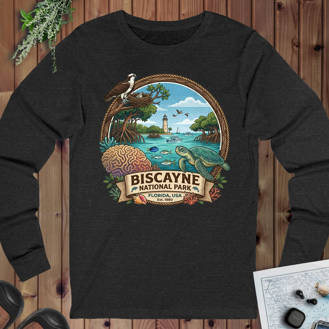 Biscayne National Park Graphic Long Sleeve T-Shirt in Dark Grey Heather