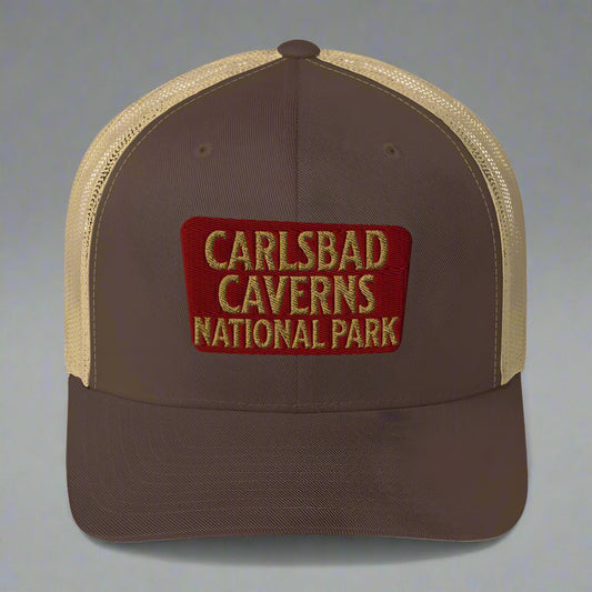 Carlsbad Caverns National Park sign embroidered trucker hat shown in lifestyle or modeled setting
