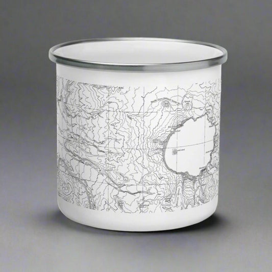 Crater Lake National Park topographic durable enamel camp mug shown from alternate product angle
