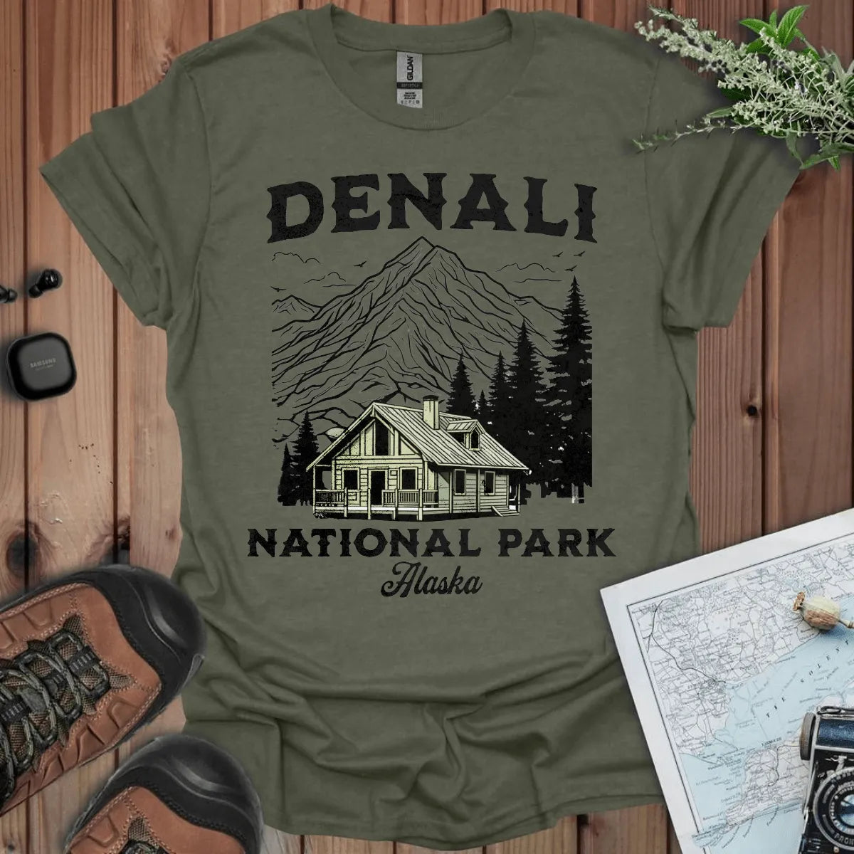 Denali National Park mountain cabin graphic t-shirt detail or alternate product view