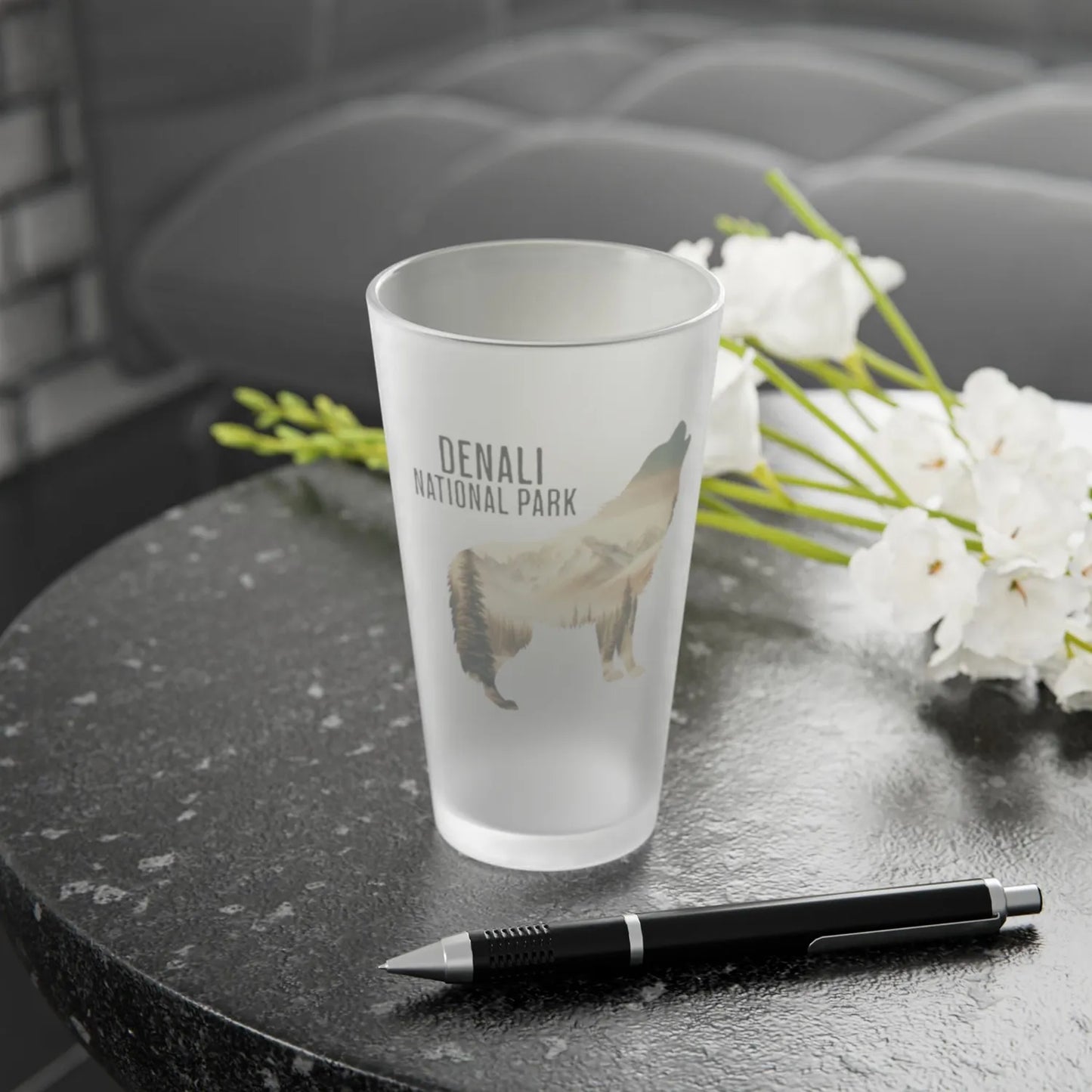 Denali National Park wolf frosted pint glass design detail or product variation