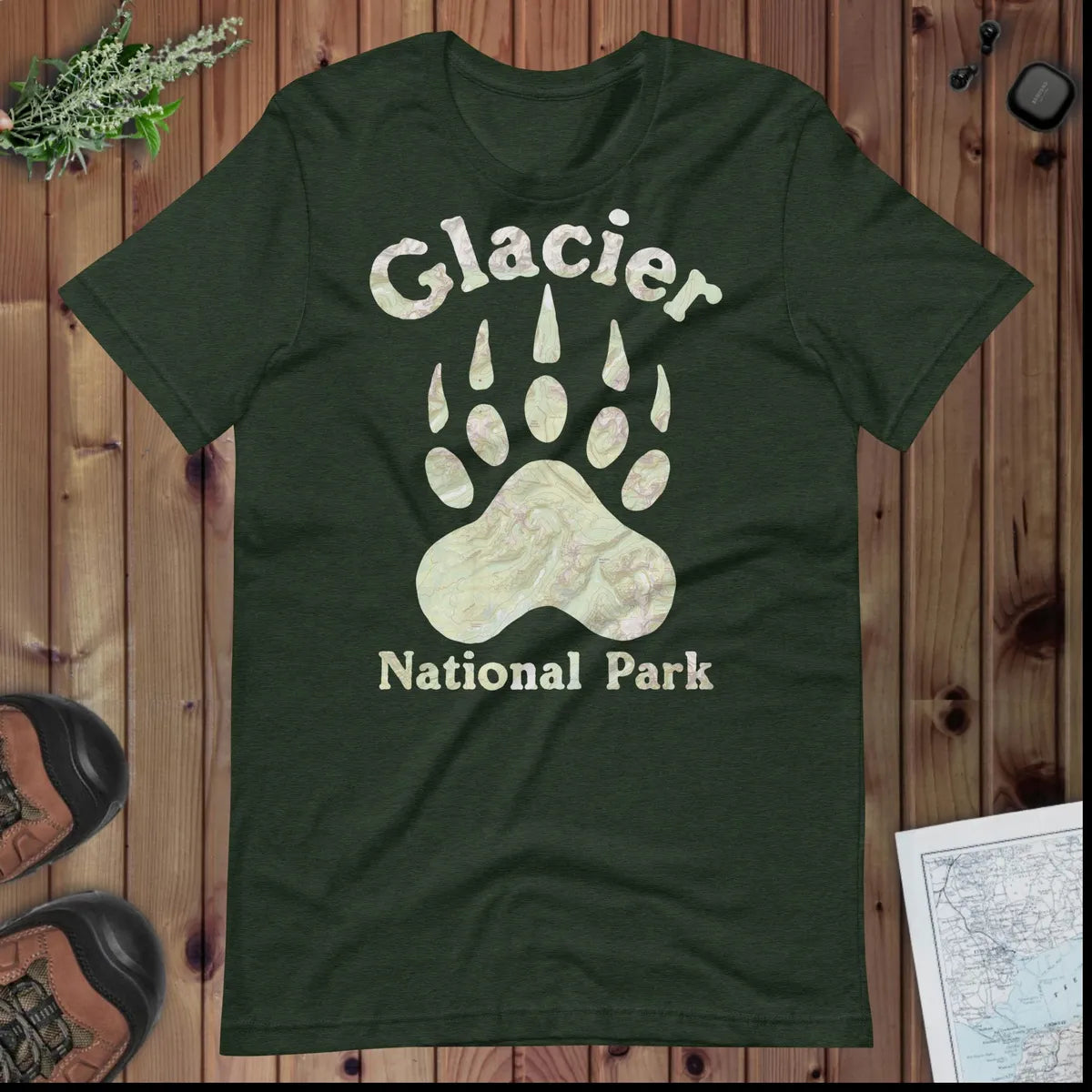 Glacier Grizzly Paw Topo Map T-shirt - Parks Apparel