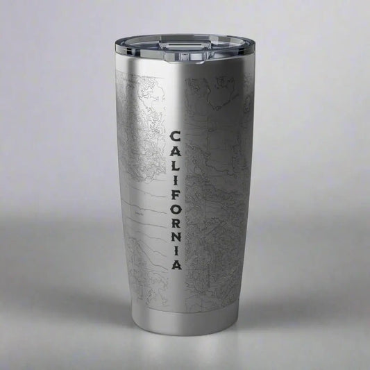 Joshua Tree National Park topographic 20 oz stainless steel tumbler shown from alternate product angle
