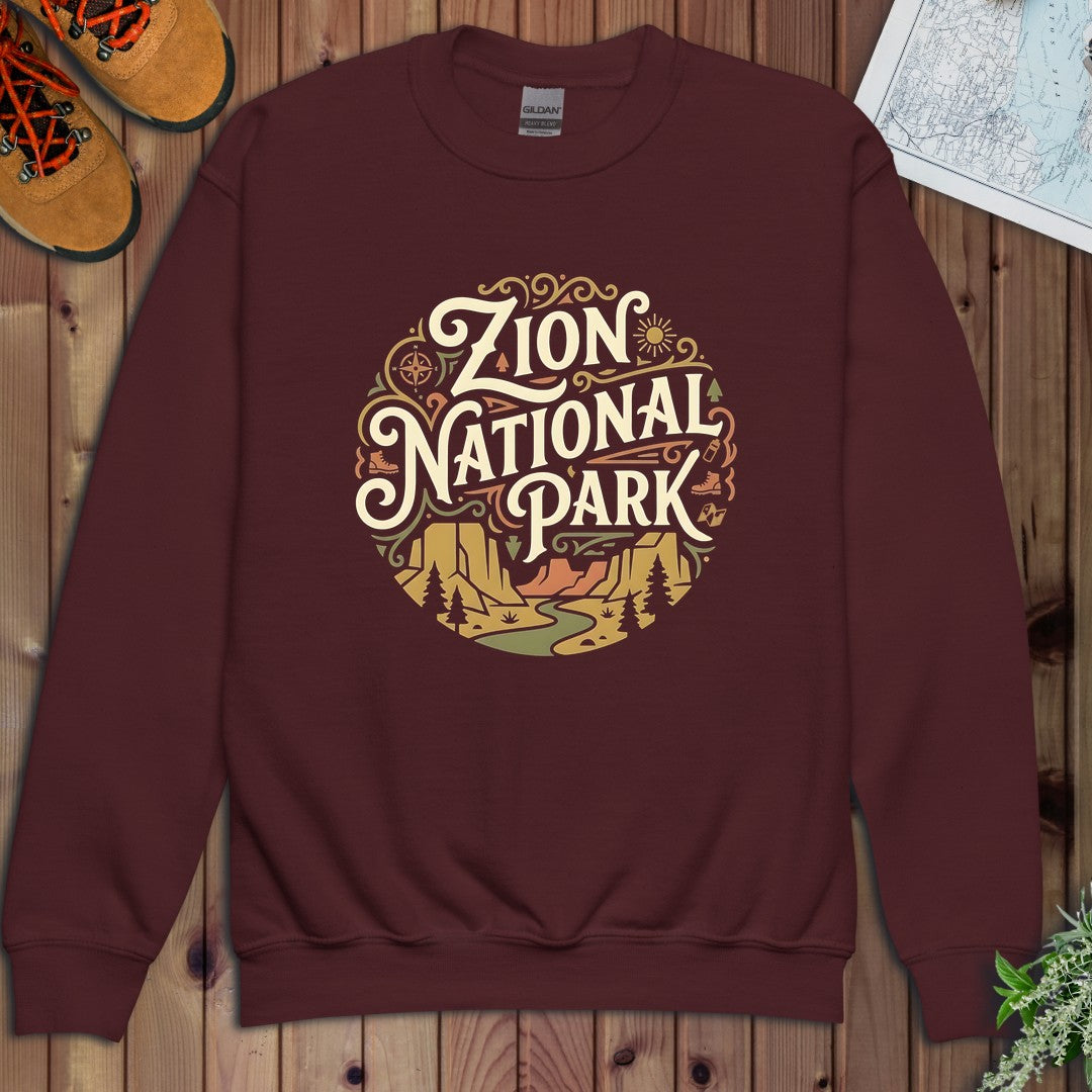 Zion National Park Silhouette Youth Sweatshirt in Maroon