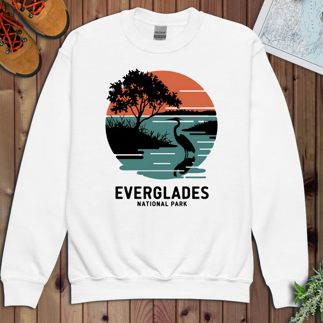 Everglades National Park Logo Retro Sunset Youth Sweatshirt in White