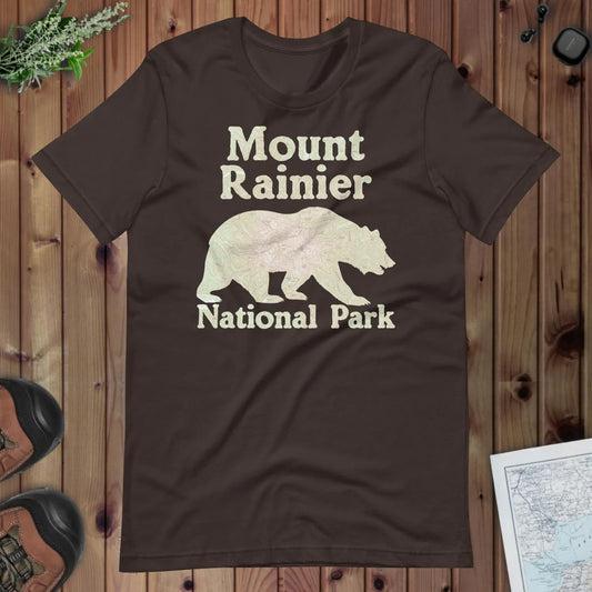 Mount Rainier Bear national park topo t-shirt shown in lifestyle or modeled setting