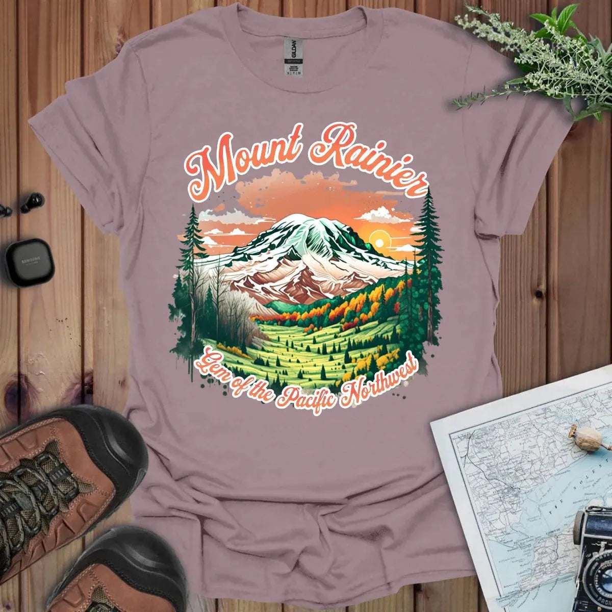 Mount Rainier Gem of the Pacific Northwest graphic t-shirt shown from alternate product angle