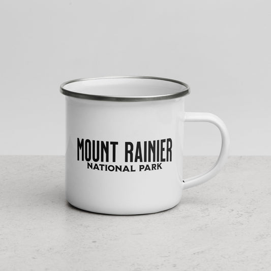 Mount Rainier National Park durable enamel camp mug shown from alternate product angle