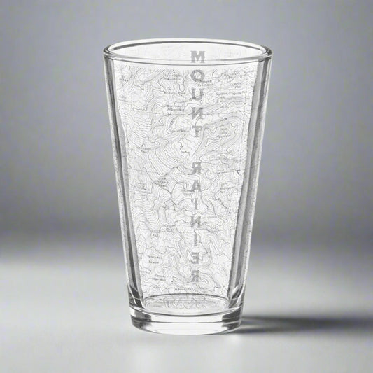 Mount Rainier National Park topographic pint glass shown from alternate product angle