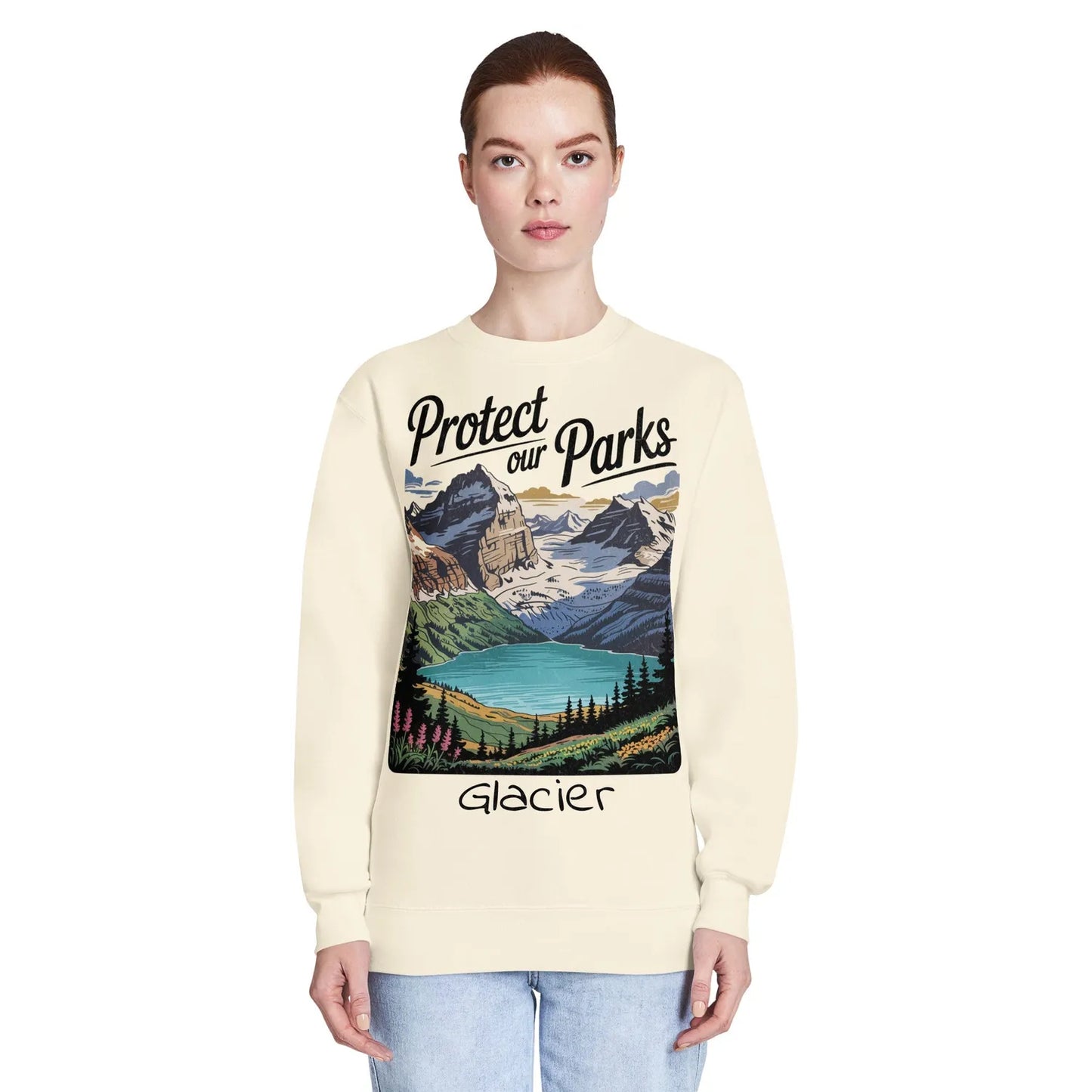 Protect Our Parks Glacier crewneck sweatshirt shown in lifestyle or modeled setting