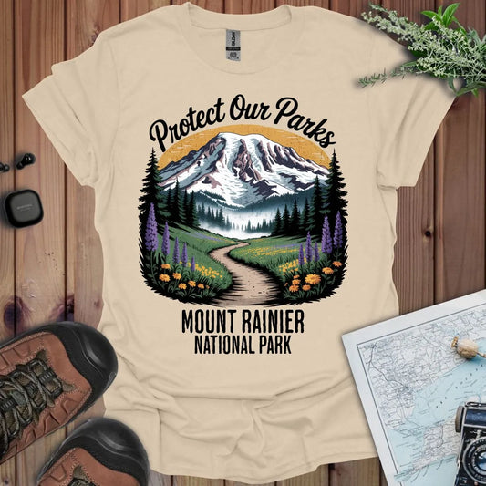 Protect Our Parks Mount Rainier graphic t-shirt shown in lifestyle or modeled setting
