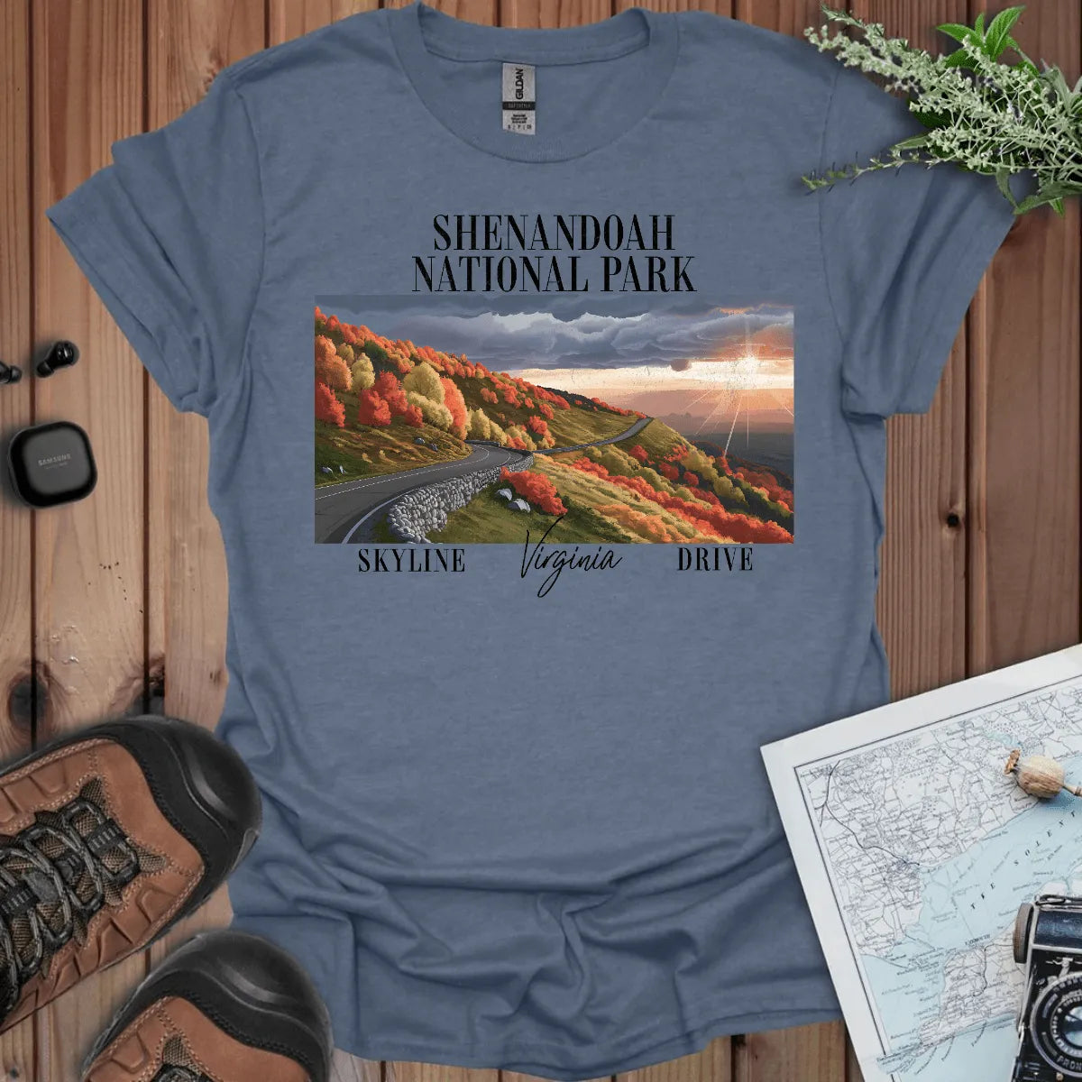 Shenandoah National Park Skyline Drive postcard graphic t-shirt detail or alternate product view