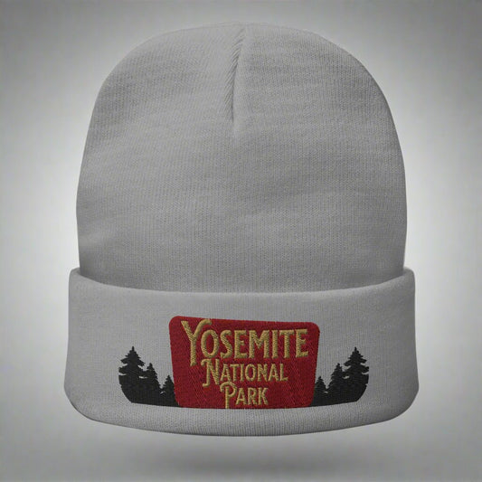 Yosemite National Park sign embroidered beanie shown in lifestyle or modeled setting