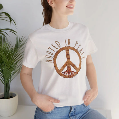 Rooted In Peace Sign Rustic Wood Look Unisex Fit Short Sleeve T-Shirt Tree Roots T-Shirt Printify