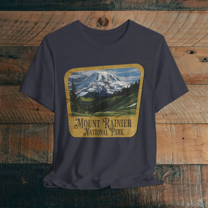 Mount Rainier National Park Unisex Fit Short Sleeve T-Shirt Wood Sign T-Shirt Printify Heather Midnight Navy XS