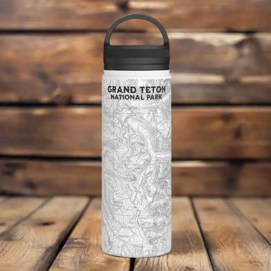 Grand Teton National Park Topographic Stainless Steel Water Bottle Handle Lid Mug Printify White 18oz