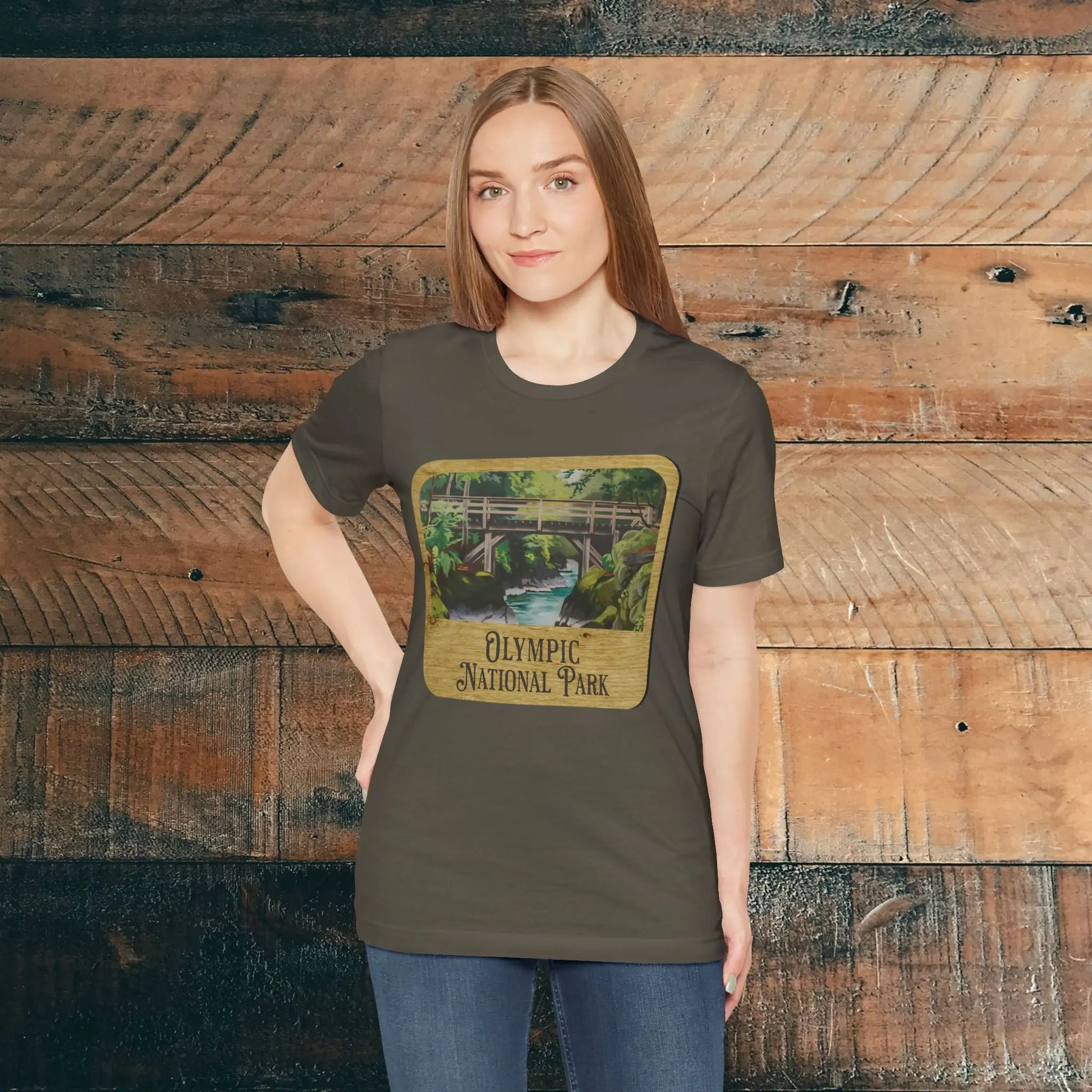 Olympic National Park Unisex Fit Short Sleeve T-Shirt Wood Sign T-Shirt Printify