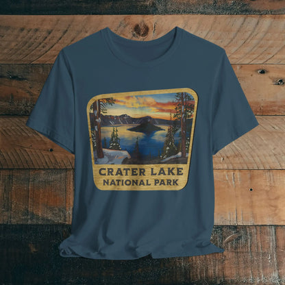 Crater Lake National Park Unisex Fit Short Sleeve T-Shirt Wood Sign T-Shirt Printify Deep Teal XS