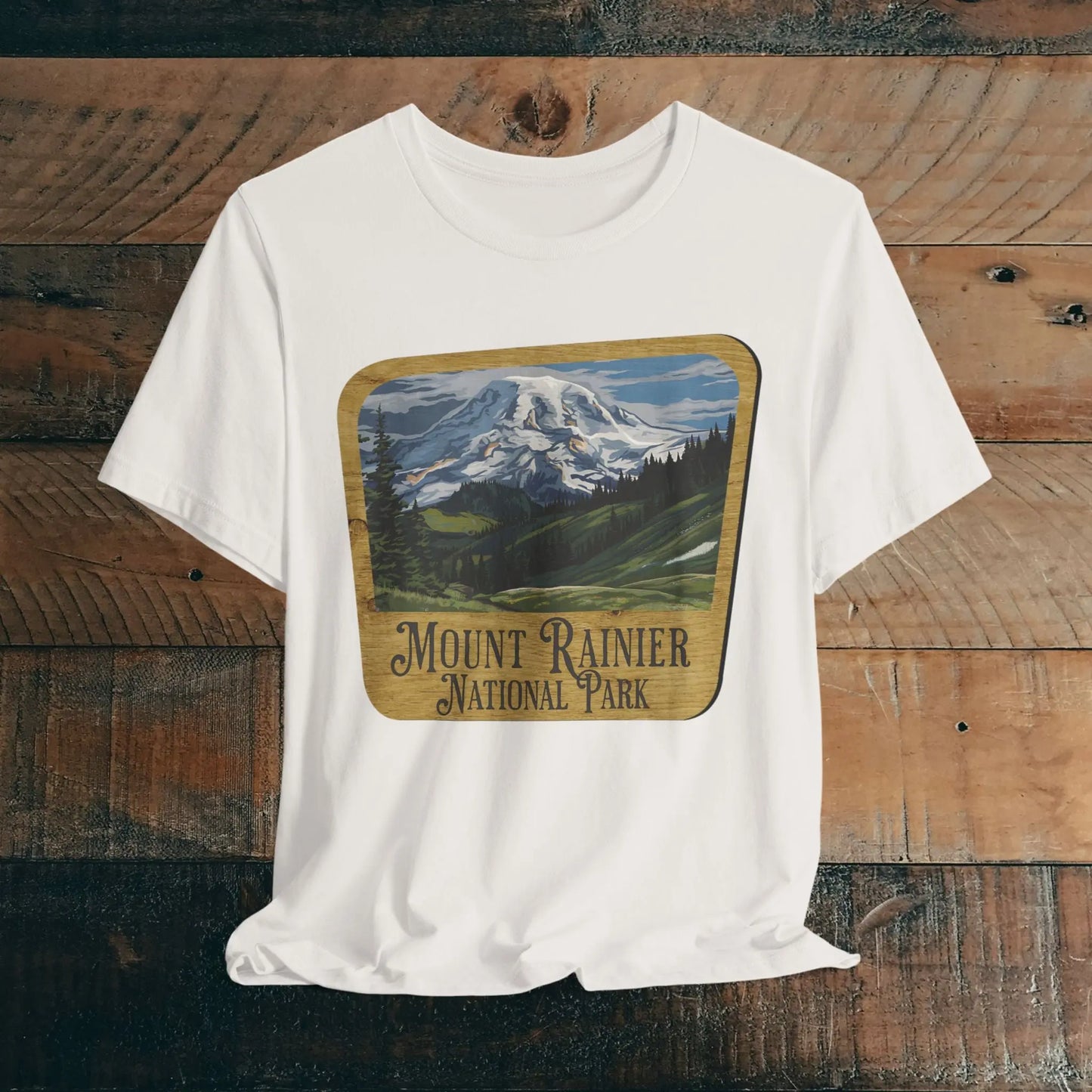 Mount Rainier National Park Unisex Fit Short Sleeve T-Shirt Wood Sign T-Shirt Printify Vintage White XS