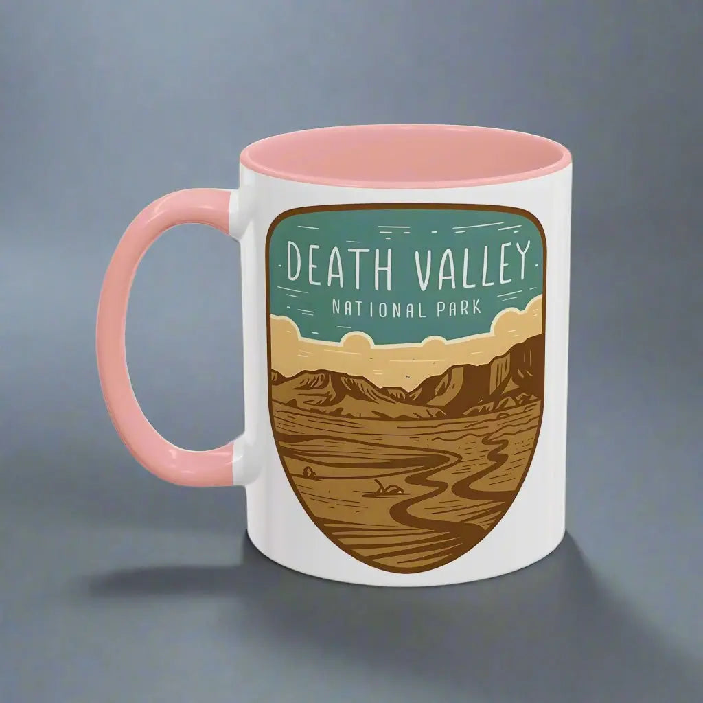 Death Valley National Park Coffee Mug 11oz 15oz Desert Shield Graphic Blue Black Pink Red Mug Printify 11oz Pink