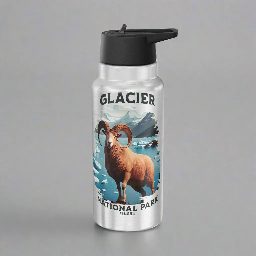 Glacier National Park Insulated Water Bottle Tumbler 32oz Big Horned Sheep Mug Printify