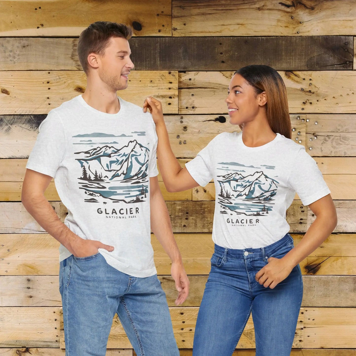 Glacier National Park Unisex Fit Soft T-Shirt Watercolor Line Art T-Shirt Printify