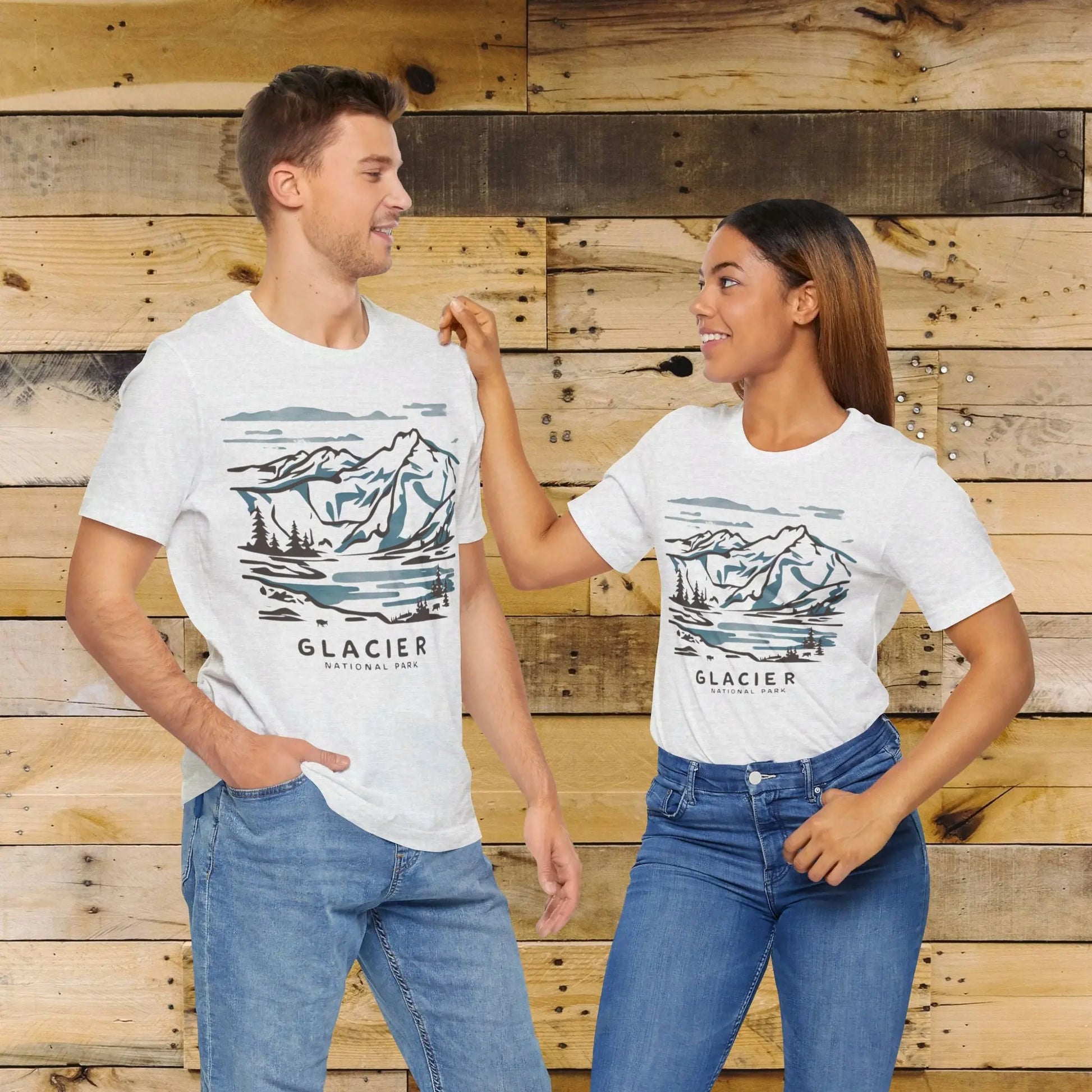 Glacier National Park Unisex Fit Soft T-Shirt Watercolor Line Art T-Shirt Printify