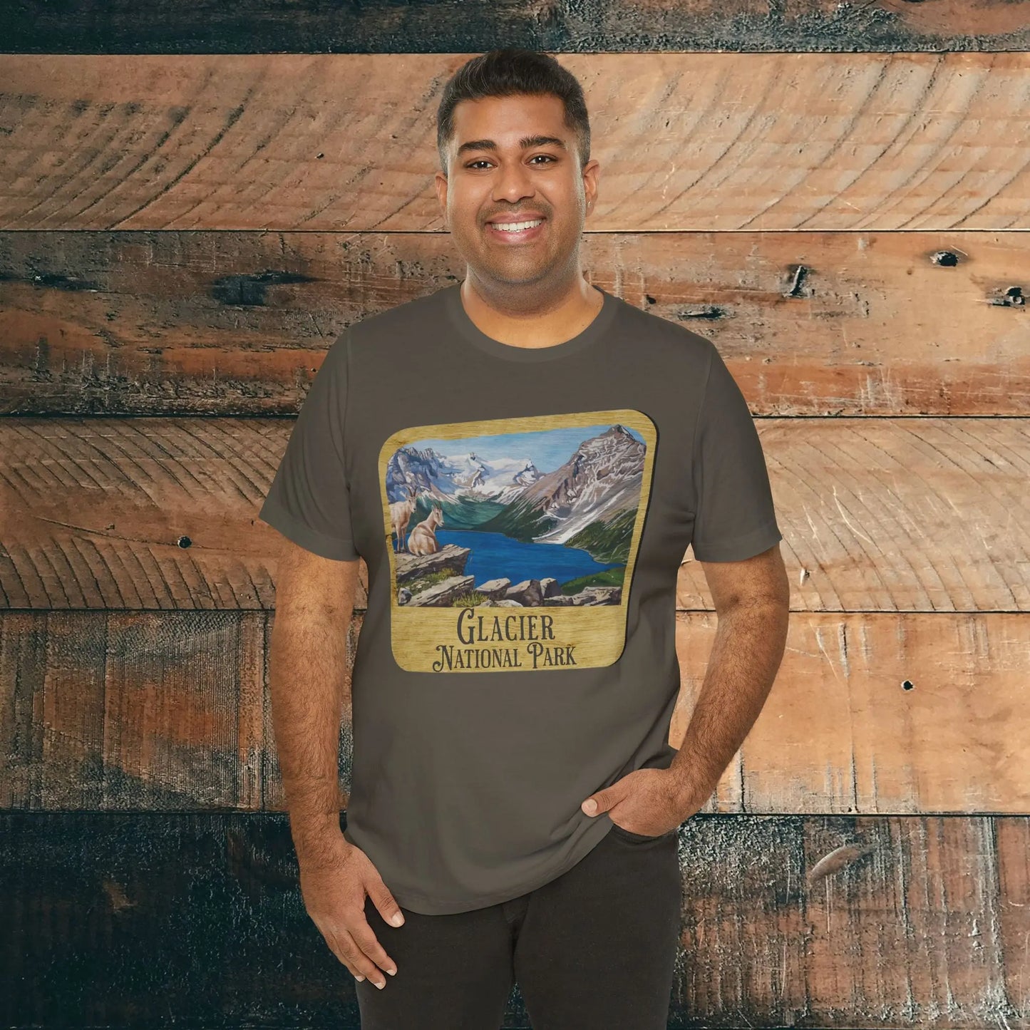 Glacier National Park Unisex Fit Short Sleeve T-Shirt Wood Sign T-Shirt Printify