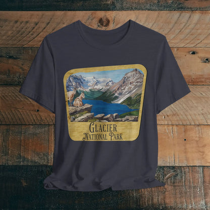 Glacier National Park Unisex Fit Short Sleeve T-Shirt Wood Sign T-Shirt Printify Heather Midnight Navy XS